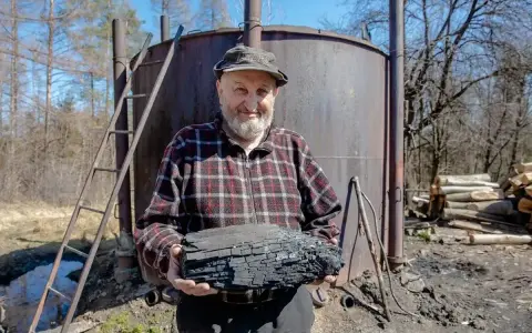 Starszy mężczyzna trzyma węgiel drzewny przed retorta w Bieszczadach.
