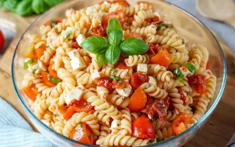 Ein köstlicher mediterraner Nudelsalat mit Fusilli, Kirschtomaten, Mozzarella-Würfeln und frischem Basilikum, garniert mit einem Basilikumblatt.