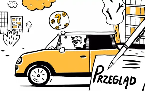 Przegląd techniczny samochodu: kierowca z okularami w żółtym aucie, nad nim znak zapytania z monetami, obok dokument z napisem "Przegląd".