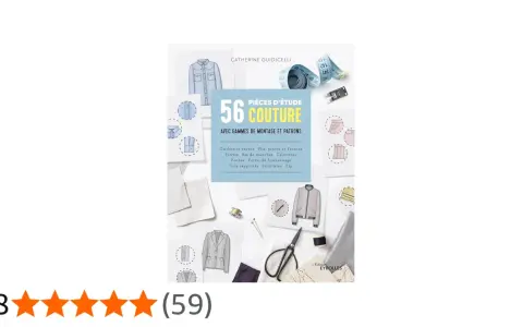 Livre de couture "56 Pièces d'étude" de Catherine Guidicelli, montrant des patrons de vêtements, des tissus, des ciseaux et des **cols** rapportés.