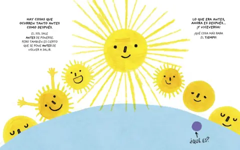 Sol y lunas sonrientes, como en libros infantiles famosos, juegan con el tiempo. ¿Qué será ese punto morado?