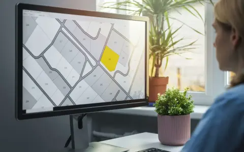 Kobieta analizuje na monitorze mapę działek, która przypomina wypis z rejestru gruntów. Jedna z działek jest podświetlona na żółto.