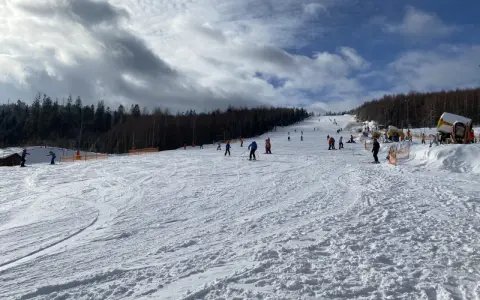 Słoneczny dzień na otwartych stokach narciarskich Wisła. Narciarze i snowboardziści cieszą się jazdą po ośnieżonych trasach, a w tle widać las i maszyny do naśnieżania.