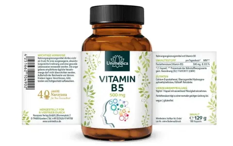 Flasche Unimedica Vitamin B5 (Pantothensäure), 500 mg. Hilft bei normaler geistiger Leistung.