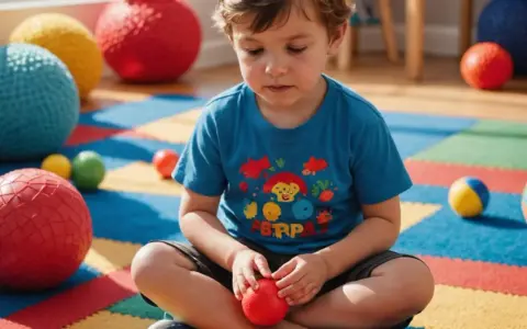 Chłopiec z zaburzeniem sensorycznym bawi się kolorowymi piłkami na macie.