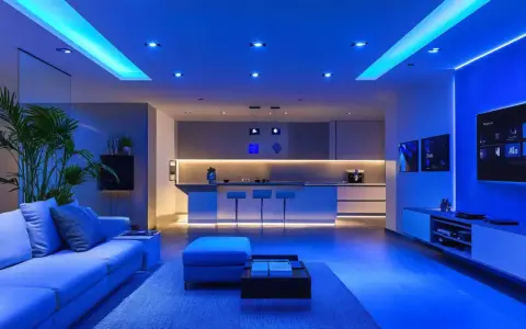 Nowoczesny salon z kuchnią, oświetlony niebieskim światłem. Porównanie lumenów różnych źródeł światła, od sufitowych po taśmy LED.