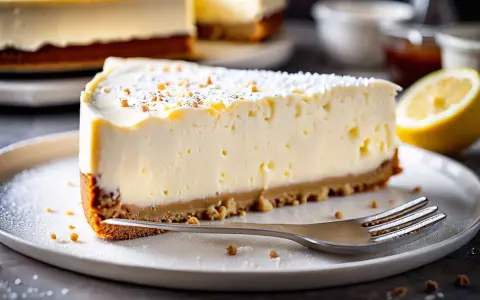 Tranche de cheesecake healthy sans cuisson, crémeuse et légère, garnie de miettes et saupoudrée de sucre glace. Un délice !