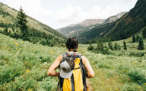 Kobieta z plecakiem wyrusza na trekking przez kwiecistą dolinę, podziwiając górskie krajobrazy.