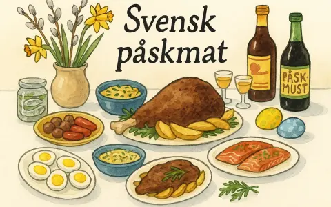 En illustration av svensk påskmat: kalkon, lax, köttbullar, korv, ägg, sill, påskmust och påskris. Här finns fakta om påsken.
