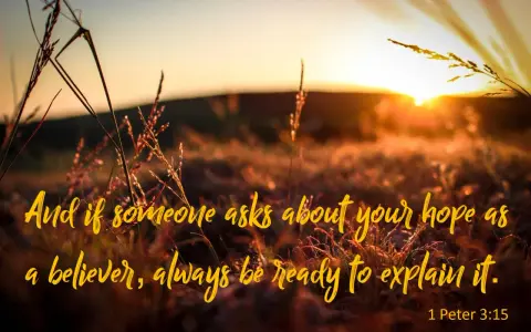 Sunset over a field of grass. Text reads: "And if someone asks about your hope as a believer, always be ready to explain it. 1 Peter 3:15