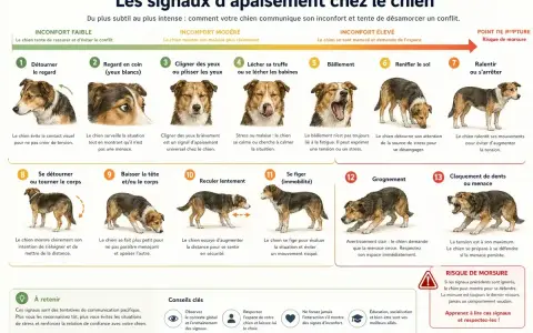 Infographie sur les signaux d'apaisement du chien, de l'inconfort léger au risque de morsure. Reconnaître ces signes, comme le bâillement ou le regard en coin, aide à prévenir les situations de stress, même chez un chien atteint d'atrophie rétinienne p...