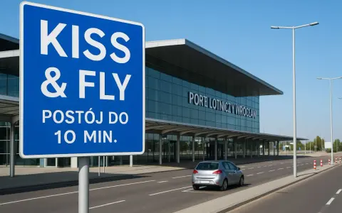 Niebieski znak "KISS & FLY" informuje o postoju do 10 min. przy Porcie Lotniczym Wrocław. Darmowy parking lotnisko wrocław jest dostępny dla szybkich pożegnań.