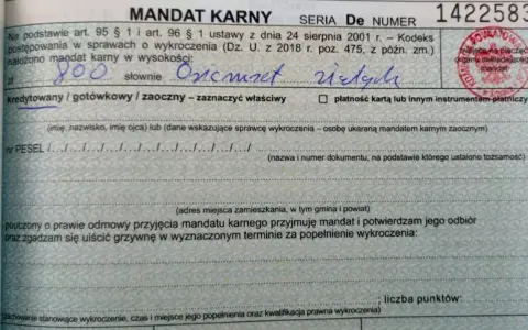 Fragment mandatu karnego z wpisaną kwotą 800 zł i podpisem.