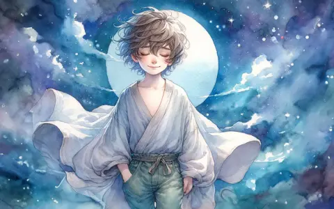 Ein Junge mit geschlossenen Augen und wallendem Gewand vor einem Sternenhimmel und Mond. Perfekt für traumreisen zum einschlafen.