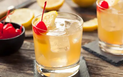 En gyllene whiskey sour med is, citron och körsbär. En klassisk drink som passar perfekt en varm dag.