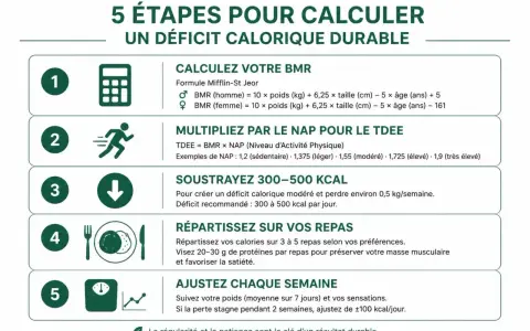 Guide en 5 étapes pour comment compter ses calories et créer un déficit calorique durable : calcul BMR, TDEE, soustraction kcal, répartition repas, ajustements hebdomadaires.