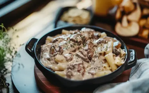 En krämig ryggbiff pasta med svamp och örter, serverad i en svart skål.