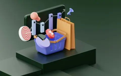 Grafika ilustruje branżę e-commerce: koszyk, torby, wykresy, cel i żarówkę.
