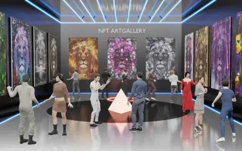 Visitors explore a digital NFT art gallery showcasing vibrant lion portraits, a glimpse into the art of the future.