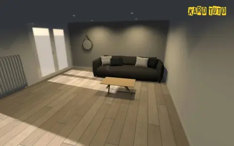 Posez votre carrelage dans le sens de la lumière pour agrandir visuellement la pièce. Un salon moderne avec canapé, table basse et parquet clair.