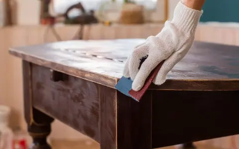 Mano guantata leviga un tavolo antico, un'idea per trasformare mobili antichi in moderni con un tocco di fai-da-te.
