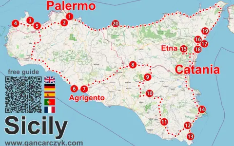 Mapa Sycylii z zaznaczonymi trasami zwiedzania. Widoczne Palermo, Etna, Katania, Agrigento. Dostępny darmowy przewodnik.