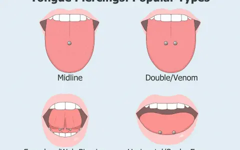 Różne rodzaje kolczyków w języku: Midline, Double/Venom, Frenulum/Web Piercing, Horizontal/Snake Eyes. Double/Venom to popularny piercing, który wygląda jak dwa kolczyki.