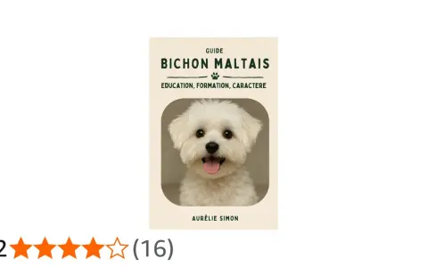 Portrait d'un bichon maltais blanc, joyeux, avec un texte "Guide Bichon Maltais".