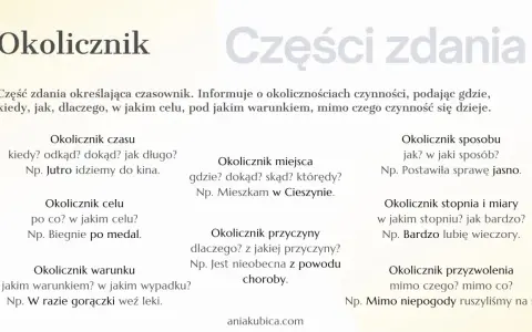 Okolicznik: kiedy, gdzie, jak, dlaczego, po co, pod jakim warunkiem, mimo czego? Odpowiada na pytania o okoliczności czynności.
