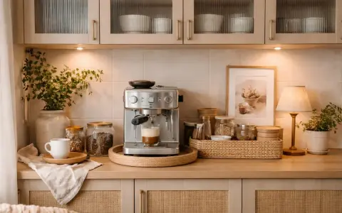 En mysig kaffebar hemma med espressomaskin som brygger en kopp kaffe. Burkarna med bönor och en vit kopp bidrar till den inbjudande känslan.