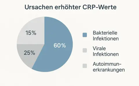 Wykres kołowy pokazuje przyczyny podwyższonego CRP: 60% infekcje bakteryjne, 25% wirusowe, 15% choroby autoimmunologiczne. CRP co to?