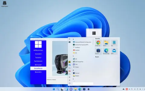 Linuxfx Installationsprogramm mit Android-Optionen, das auf einem Windows 11-Desktop läuft. Ein Fenster zeigt "Android File Transfer (MTP)" und andere Programme.