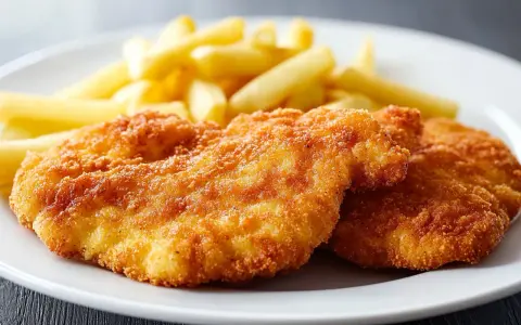Due cotolette di pollo dorate e croccanti, accompagnate da patatine fritte, su un piatto bianco.