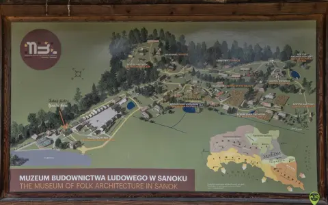 Mapa Muzeum Budownictwa Ludowego w Sanoku. Znajdziesz tu plan skansenu, sektory etnograficzne i parking. Sprawdź skansen sanok cennik, by zaplanować wizytę.