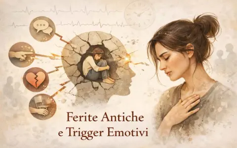 Una donna con la mano sul cuore, mentre dentro la sua testa si frantuma, evocando il pensare di aver fatto cose non fatte.