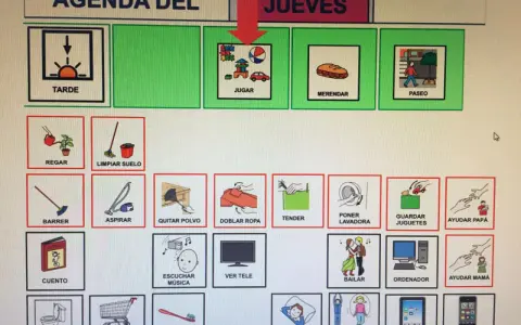 Calendario de rutinas para niños con TDAH: Jueves. Incluye actividades como jugar, merendar, pasear, regar, limpiar, barrer, aspirar, quitar polvo, doblar ropa, tender, poner lavadora, guardar juguetes, leer cuento, escuchar música, ver tele, bailar, o...
