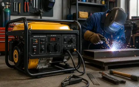 Generador amarillo listo para soldar. Un soldador trabaja en el fondo, demostrando que se puede soldar con un generador de 2000w.