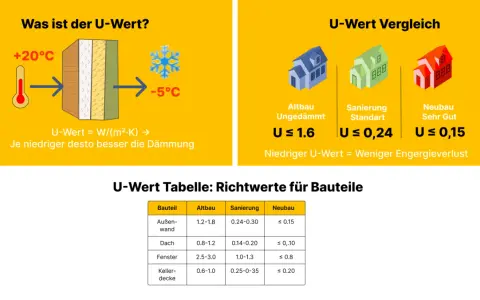 Vergleich von U-Werten für Altbau, Sanierung und Neubau. Ein niedriger U-Wert bedeutet bessere Dämmung und weniger Energieverlust.