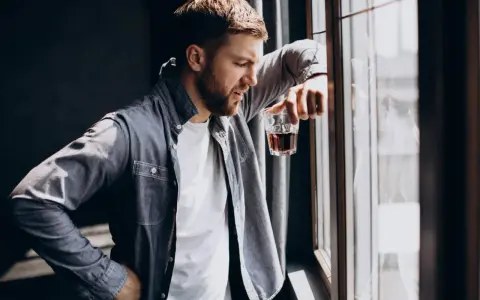 Mężczyzna zamyślony przy oknie, trzymający szklankę z bursztynowym płynem. Czy to jeden z ukryty alkoholizm objawy?