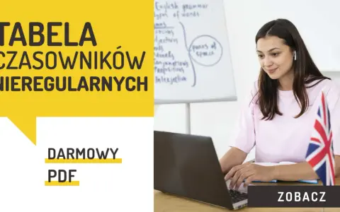 Tabela czasowników nieregularnych, darmowy PDF. Młoda kobieta uczy się angielskiego przy laptopie. Zobacz!