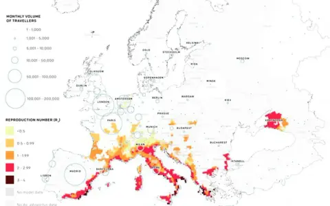 Karta över Europa som visar potentiell spridning av gula febern, med områden markerade i rött och orange där viruset kan frodas.