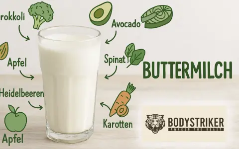 Glas Buttermilch mit Illustrationen von gesunden Lebensmitteln wie Brokkoli, Apfel, Avocado und Karotten. Ideal für buttermilch abnehmen.