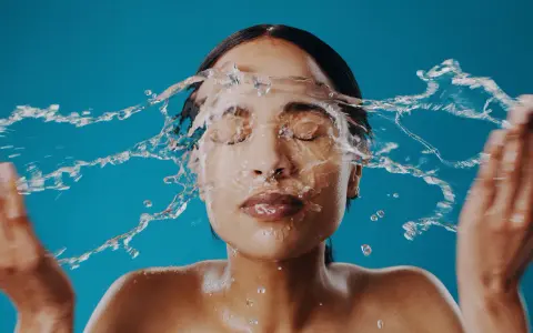 Una mujer se lava la cara con agua fría, sintiendo el frescor en su piel.