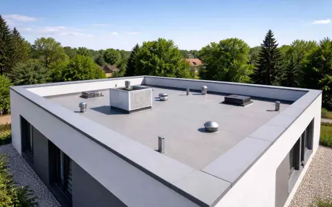 Nowoczesny dach płaski bez attyki z systemem wentylacji i klimatyzacji, otoczony zielenią.