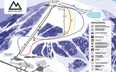 Mapa ośrodka Beskid Sport Arena. Trasy narciarskie w Szczyrku: zobacz, ile km tras czeka na narciarzy i snowboardzistów.