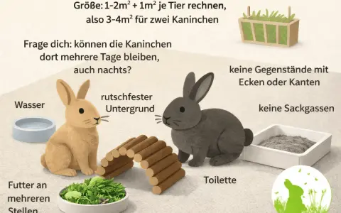 Zwei Kaninchen, ein braunes und ein graues, sitzen in einem Gehege mit Futter, Wasser und Toilette. Tipps für die artgerechte Haltung von hasen als haustier.