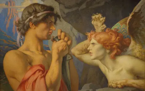 Oedyp i Sfinks w scenie z mitu o rodzie Labdakidów, inspirowanej mitologią Parandowskiego.