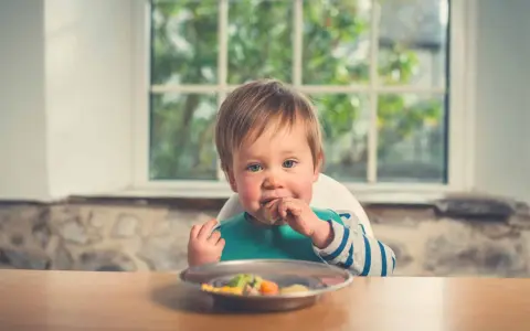 Un bebé con babero verde come felizmente de un plato. Parece que está disfrutando de su comida, quizás marisco para bebés.