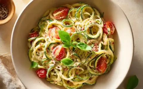 Zucchini-Spaghetti mit cremiger Sauce, Kirschtomaten und Basilikum. Ein leichtes Gericht, das sich perfekt zum Kochen oder Braten eignet.
