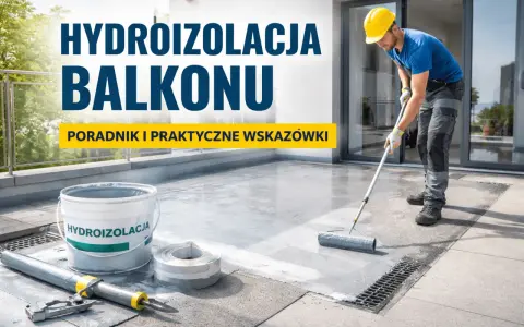 Fachowiec wykonuje izolację balkonu, używając wałka do rozprowadzenia masy. Na pierwszym planie wiadro z napisem "HYDROIZOLACJA".